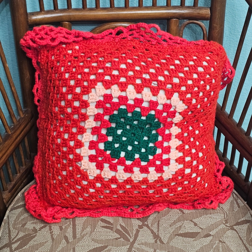 Vintage Handmade Crochet Granny Square Pillow Red Green Boho Cottagecore Decor